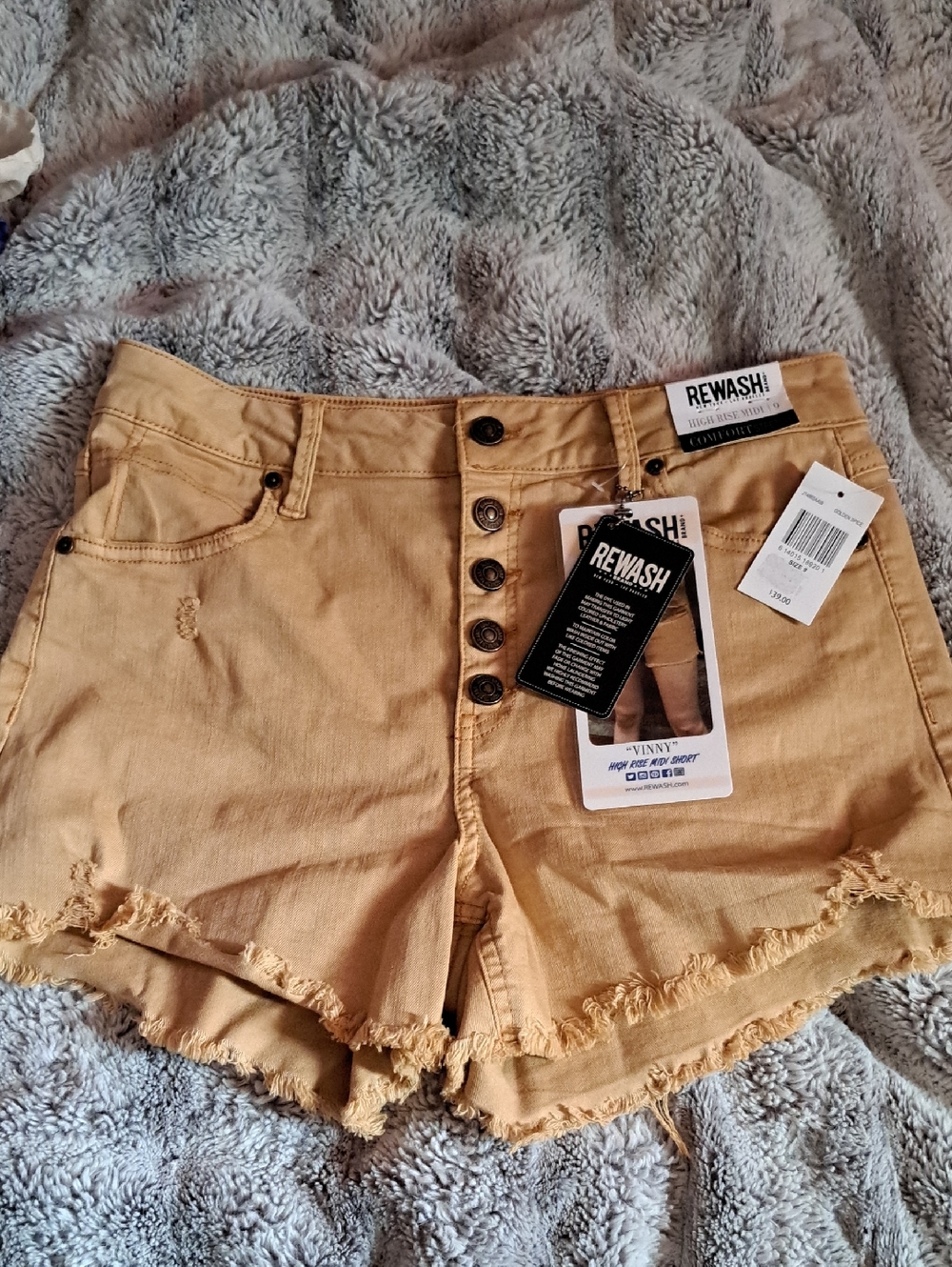 Rewash Mustard Yellow High-Rise Frayed Button-Front Jean Shorts